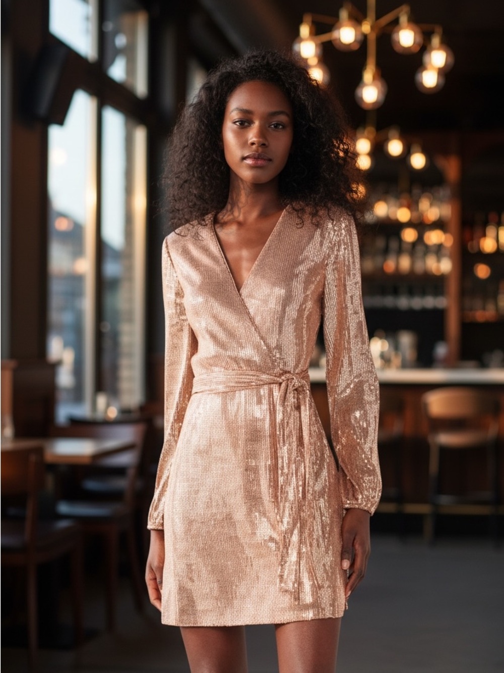 Nine West Rose-Gold Sequin Wrap Dress